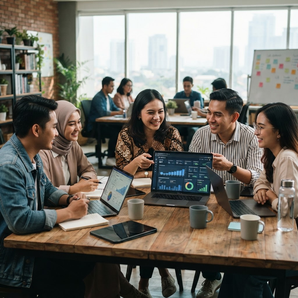Sekelompok anak muda sedang belajar digital marketing bersama menggunakan laptop dan dashboard analitik